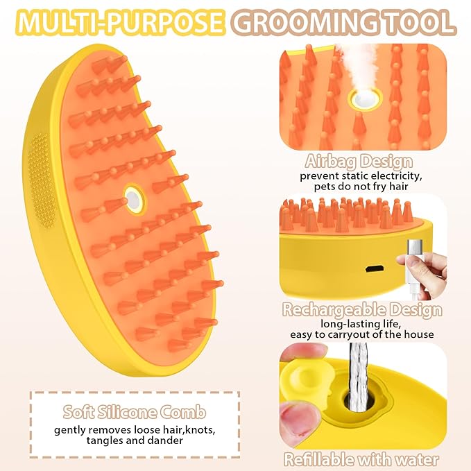 3 in 1 Self-Cleaning Grooming Brush - Detangling and Massage for Cats & Dogs, Fur and Loose Hair Remover (Yellow)