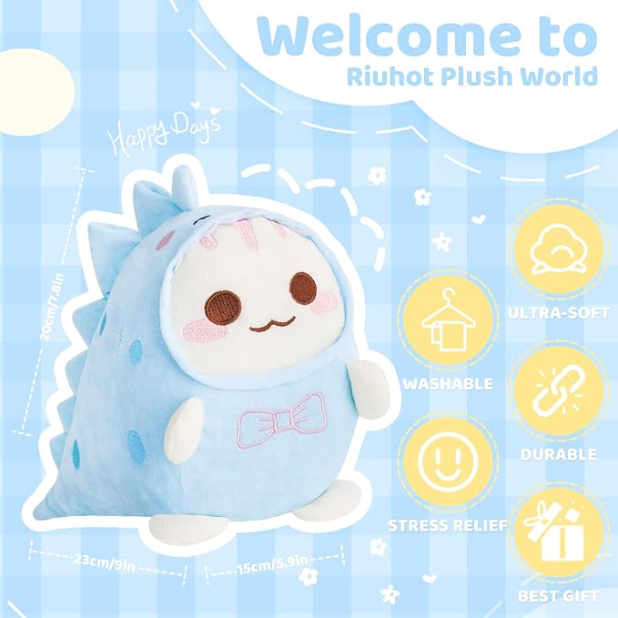 Cat Dinosaur Plush Pillow 8" Dinosaur Stuffed Animal, Soft Kawaii Cat Plushie with Dinosaur Plush Christmas Valentine's Birthday Gift for Kids