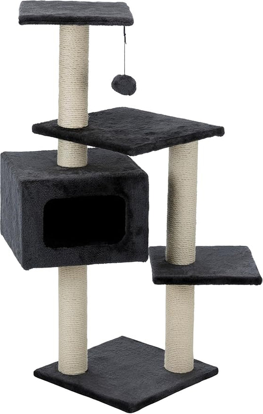TRIXIE Palamos Gray Cat Tower with Scratching Posts, Condo, Three Platforms, Dangling Pom-Pom 15.25 x 15.25 x 42.75 in.