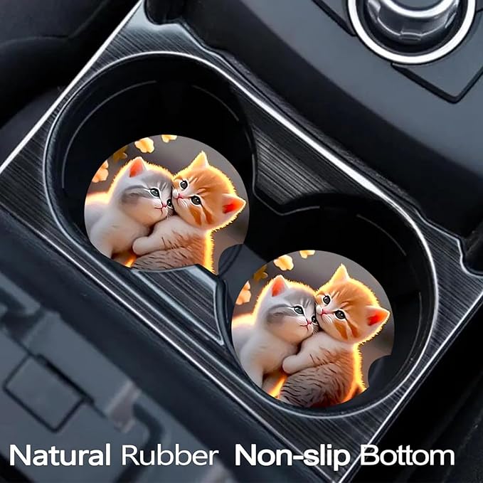 Car Coasters for Cup Holders,2 Pack Two Cat Car Coasters,2.75" Universal Size Anti Slip Rubber Mat,Automotive Cup Holder Decal Decor Accessories,Gifts for Cat Lovers for Women,Men,Mom