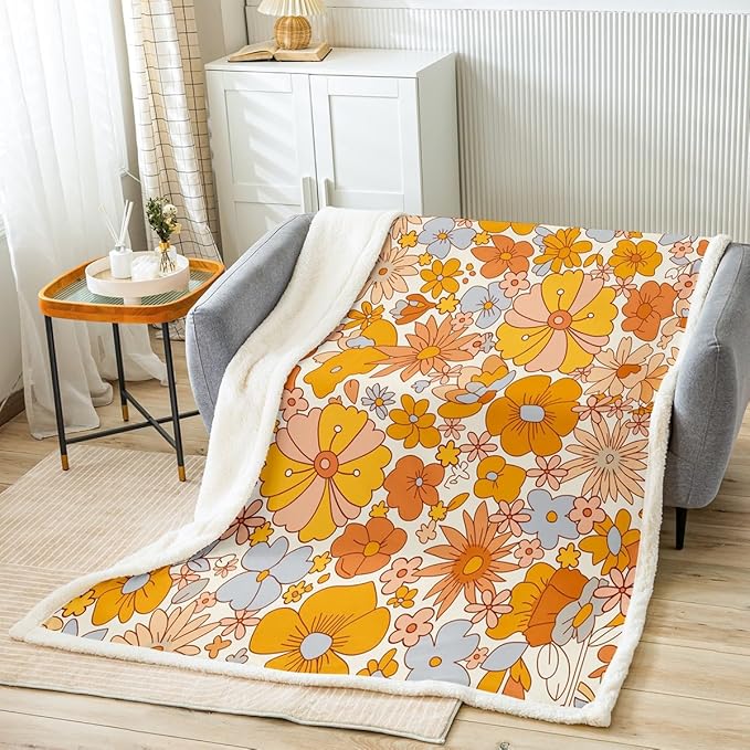 Erosebridal Hippie Flower Throw Blanket for Couch Decorations - Groovy Rainbow Sherpa Fleece Blanket - Queen Size for Girls Women Bedroom Decor - Retro 70s Theme