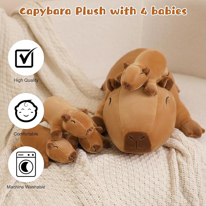 Capybara Plush Cute Capybara Stuffed Animal Pillow with 4 Baby Plushies in Her Tummy, Soft Cotton Stuffed Animals Toy Gifts for Kids