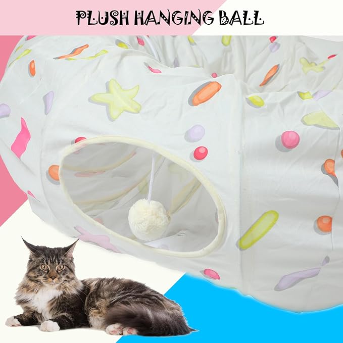 LUCKITTY Large Cat Donut Tunnel, Big Cat Tunnel Bed,Fluffy Toy Balls, Small Cushion and Flexible Design- 12 inch Diameter, Great for Cats, and Small Dogs,Cream