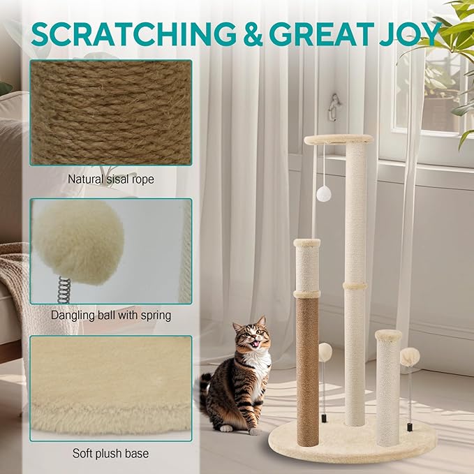 Maximum - 35.8" Tall Cat Scratching Post, 3 Scratcher Posts for Indoor Small and Large Cat, Spring Cat Toy and Hanging Ball, Non Spliced Elliptical Base Plate