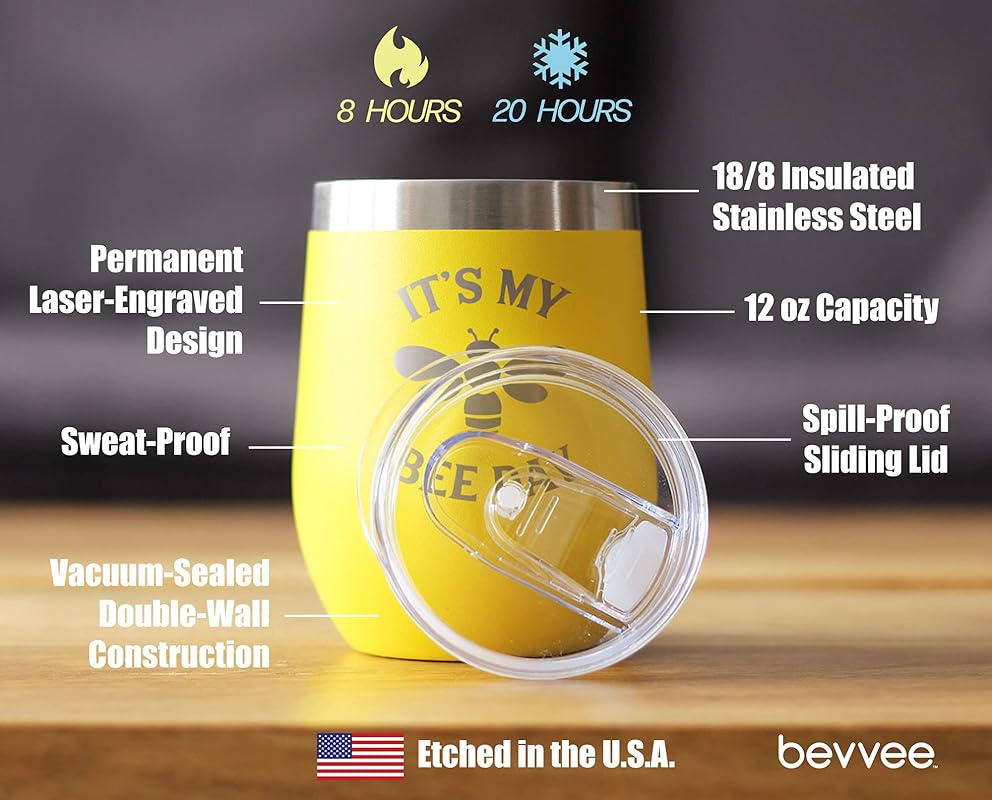 Bee Day - Funny Birthday Wine Tumbler Glass with Sliding Lid - Stainless Steel Insulated Mug - Bumblebee Bday Party Décor - Yellow