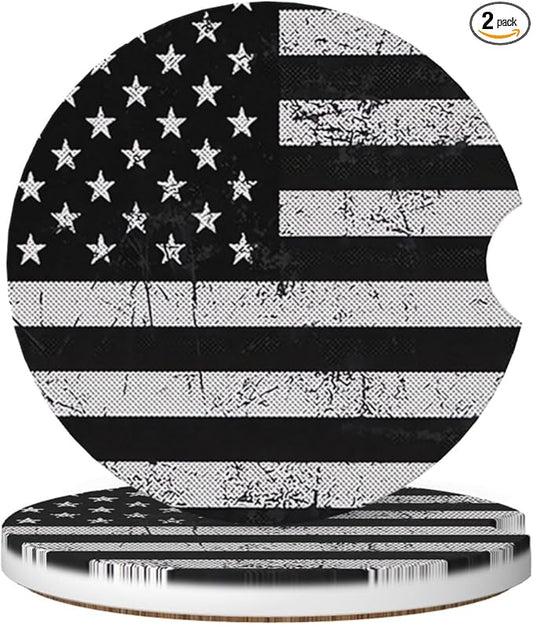 Absorbent Ceramic Car Coasters for Cup Holders, Black White American Flag Design 2.56" Anti Slip Universal Drink Cup Coasters for Women Men (2 Pack)