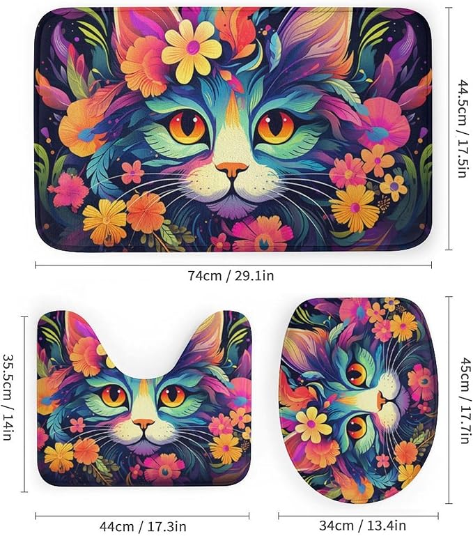 4 Pieces Colorful Abstract Cat Shower Curtain Set Funny Flower Animals Glam Bathroom Decor Sets with Rugs Bathroom Accessories Set Bathroom Curtain Shower Set with 12 Hooks