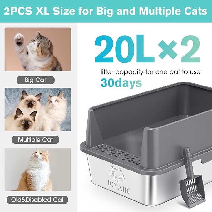 2PACK Stainless Steel Cat Litter Box with High Sides Lid, Extra Large XL Litter Box for Big Cats,Open Top Metal Kitty Litter Box with Anti-Leakage Enclosure,Non-Stick,Odorless,Scoop Included