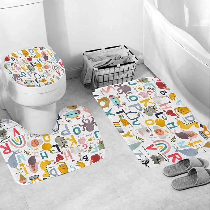 Cartoon Animal Alphabet Shower Curtain Sets, 4 Pcs Kids Educational Graphic ABC Learning Shower Curtain for Bath Curtain Set with Rugs,Cartoon Fun Facts Geography, with 12 Hooks(72X72in)