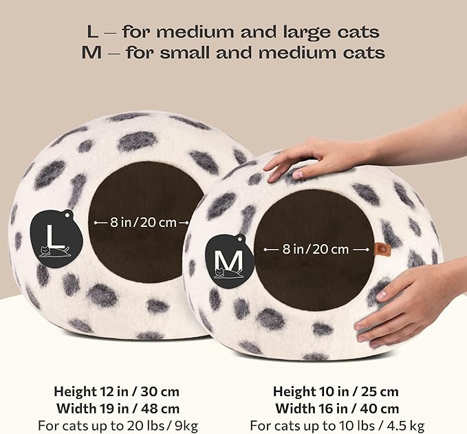 MEOWFIA Cat Cave – Premium Felt Cat Bed for Indoor Cats, Handmade 100% Merino Wool (Vivid Shades) (Medium, Snow Leopard)