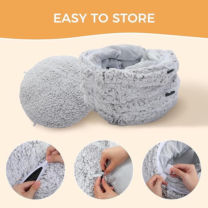 PEQULTI Cat Tunnel with Cat Bed for Indoor Cats, Cat Play Donut Tunnel with Washable Soft Plush Mat, Round Cat Tunnel Toys Cute Cat Tube for Kittens, Puppies, Rabbits and Ferrets, Grey