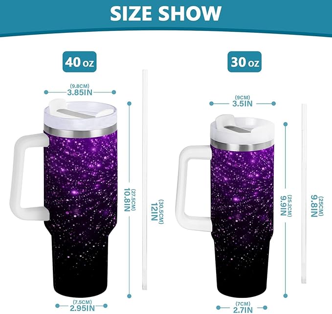 Boccsty Glowing Sparkles Purple Glitter Insulated Tumblers Reusable Stainless Steel Tumbler 40 oz Cup Coffee Travel Mug Water Bottle with Handle & Flip Straw for Home Office Car
