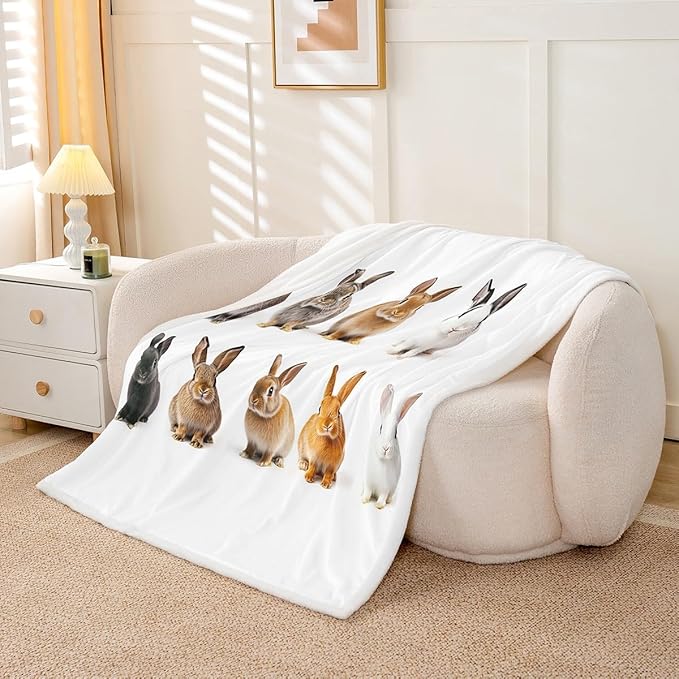 Girls Cute Rabbit Fleece Throw Blanket for Sofa Couch Daughter 3D Pet Animal Theme Sherpa Blanket Lovely Hare Plush Blanket Room King 87"x95"