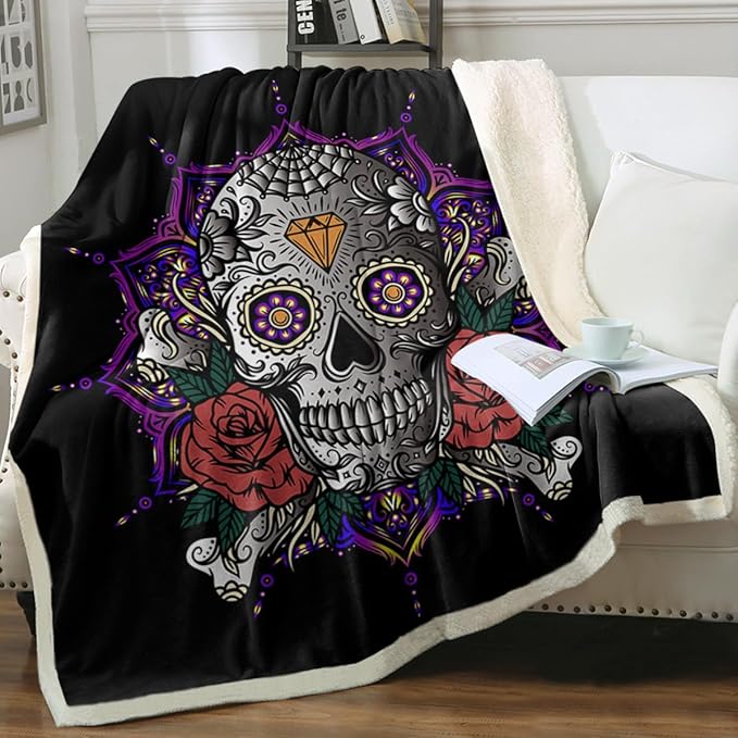 Sleepwish Lotus Skull Fleece Throw Blanket for Kids Girls Boys Soft Plush Purple Mandala Skull Sherpa Blanket for Couch Chair Bed, Queen (90" X 90")