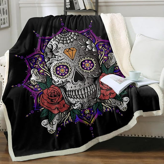 Sleepwish Lotus Skull Fleece Throw Blanket for Kids Girls Boys Soft Plush Purple Mandala Skull Sherpa Blanket for Couch Chair Bed, Queen (90" X 90")