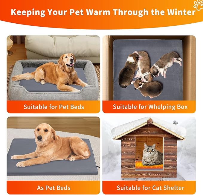 Dog Heating Pad, Waterproof Pet Heating Pad for Cats Dogs with 12H Timer & 9-Adjustable Temperature, 28x18in Heated Dog Pad, Pet Heater Warmer for Cat Dog House Whelping Box Outdoor Indoor