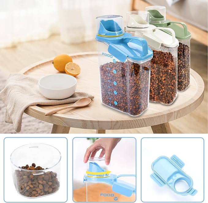 Dog Food Storage Container 3-5lbs, Dog Food Container with Airtight Pour Spout, Cat Food Storage Container with Measuring Cups, Portable Pet Food Storage Container for Dogs, Cats, Birds（Blue）