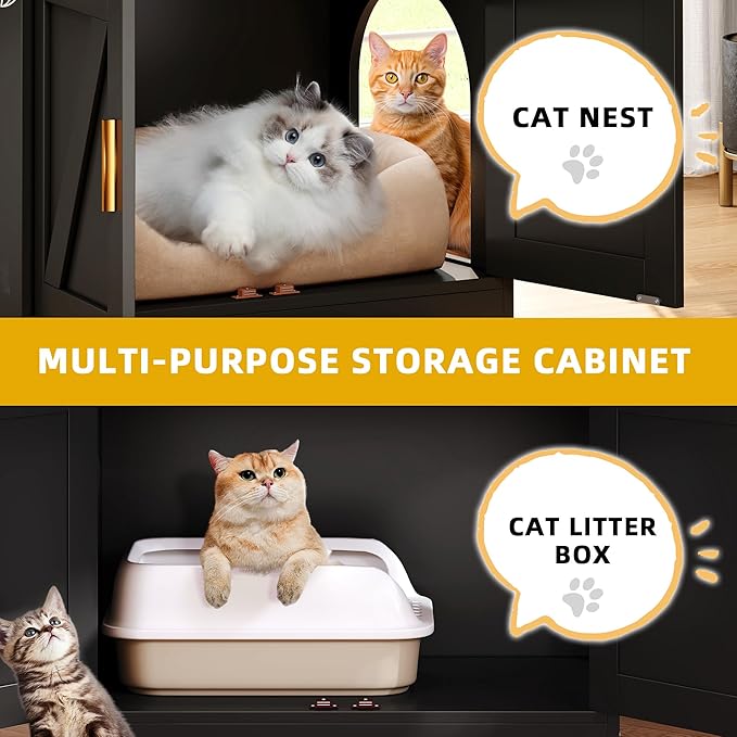 DWVO 4 in 1 Cat Toys Mini Pool Table for Cats, Litter Box Enclosure for Cat Pool Table Tower with Feather Wand Interactive Exercise Play Rest Beds & Litter Box Furniture, Black, Medium