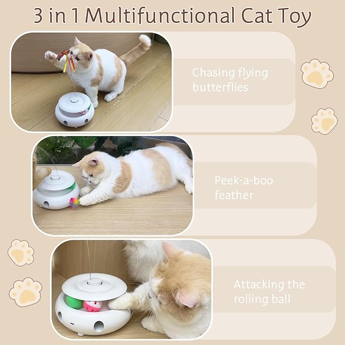 Cat Toys Interactive Cat Toy Automatic Cat Toys for Indoor Cats, 3-in-1 Electric Cat Toy USB Rechargeable, Ambush Feather, Fluttering Butterfly, Track Balls Kitten Toy Cat Exercise Toys