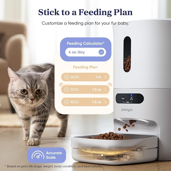 Automatic Cat Feeder, Smart Scale Tracks Pet's Food Intake, App Remote Feeding, 3.6L Timed Food Dispenser for Cats and Dogs, Up to 10 Meals Per Day, Stainless Steel Bowl, Dual Power Supply
