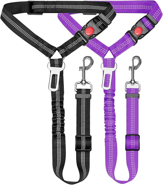 2 Packs Removable Dog Seat Belt Harness for Car, 3 in 1 Pet Dog Car Seatbelt Leash, Retractable Restraint Secures to Vehicle Headrest & Adjustable Reflective Dog Seatbelt Tether