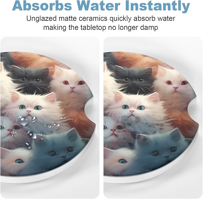 2 Pack Car Cup Holder Coasters, 2.63 inch Anti Slip Insert Absorbent Ceramic Coasters with Cork Base and Finger Notch, Cute Car Accessories Interior for Women