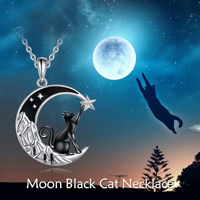 925 Sterling Silver Moon Black Cat Necklace for Women - Tree of Life Jewelry with Abalone Stone - Cat Lover Birthday Gift