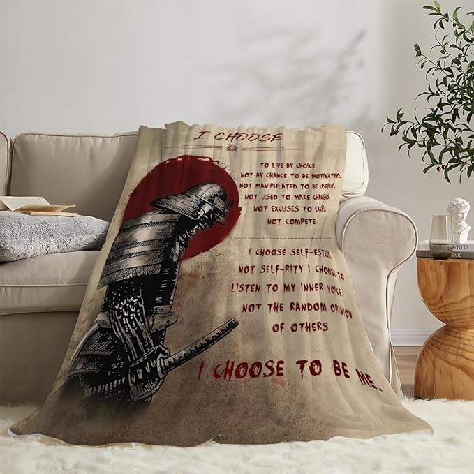 Japanese Samurai Warrior Throw Blanket I Choose Inspirational Quotes Print Blankets Gifts for Couch Sofa Bed Stuff Decor Soft Cozy Fleece Plush Flannel Bedding for Lover Men Women Adults 40"x50"