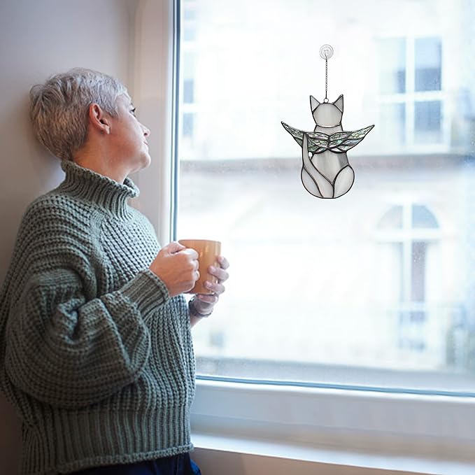 BOXCASA Cat Memorial Gifts for Loss of a Cat - Iridescent Angel Wing Suncatchers for Stained Glass Window Hangings,Loss of Pet Sympathy Gift for Women