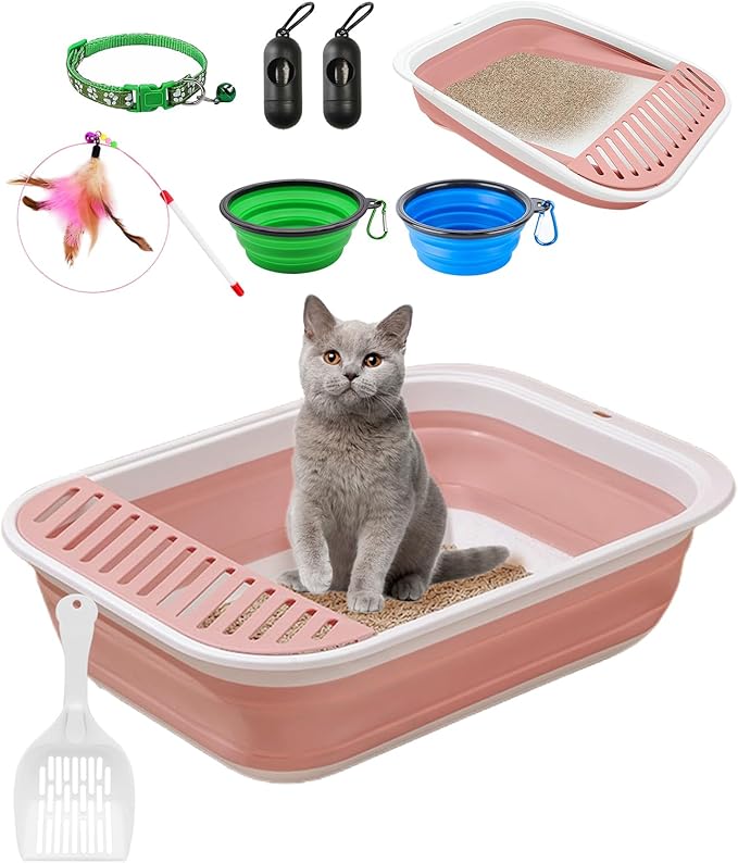 BNOSDM 8 Pcs Small Kitten Collapsible Litter Box Low Entry for Travel Set, Litter Boxes for Senior Cats, Foldable Cat Toilet, Open Small Litter Pan for Kittens (Pink)