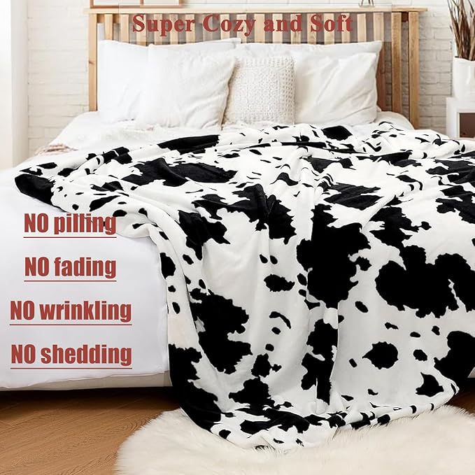 Cow Print Blanket | Soft Cozy Plush Fleece Western Cow Blankets | Couch Sofa Bed Cow Blankets Throws | Gifts for Woman Twin Girls Boys Teens Birthday Valentine's Day 60"x80" Blackcow