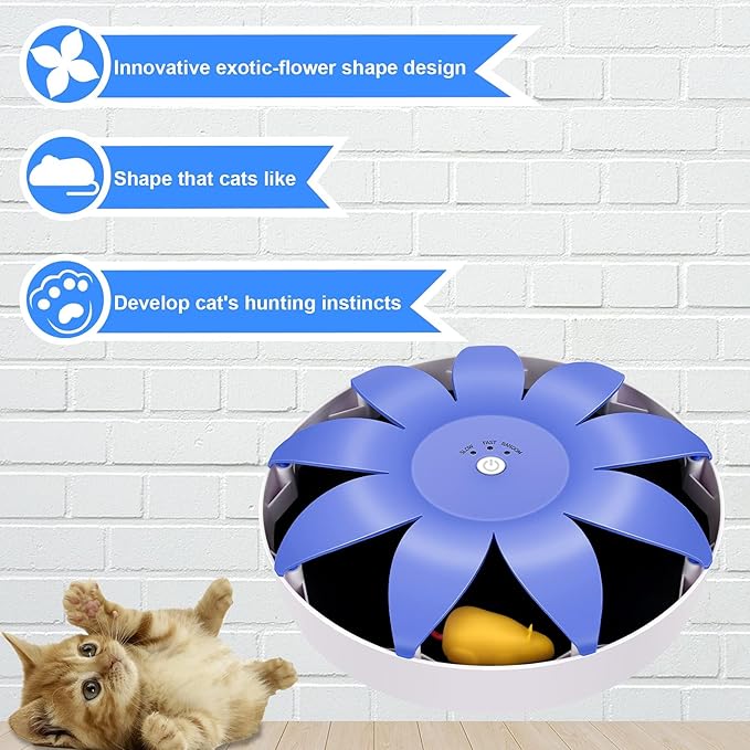 FluffyDream Automatic Electric Magnetic Spinning Cat Toys, Interactive, Rotation Cat Exercise Teaser Toy with Emulational Mouse, Fluffy Tails, Toys for Indoor Cats, Pets, 9.65” x 9.65” x 2.36”, Blue