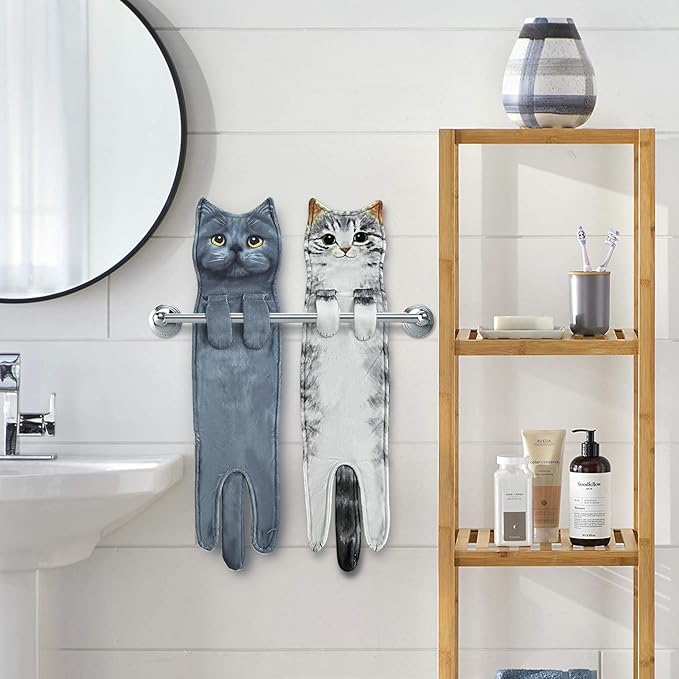 PAT JUUMG Funny Cat Hand Towels for Bathroom Kitchen Decor Towel,Cute Decorative Hanging Face Towels,Super Absorbent Soft, Housewarming Gift,Cat Lovers Gifts for Women (Grey Cat)