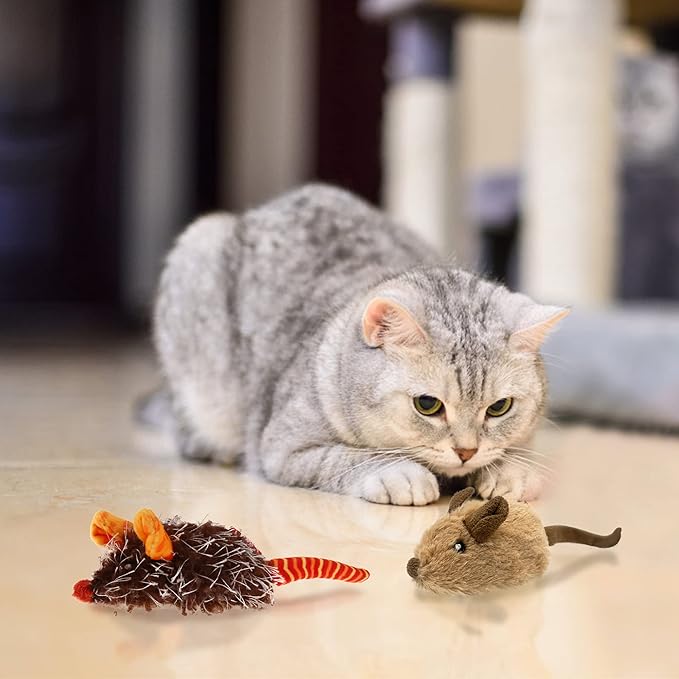 Gigwi Interactive Cat Toys for Indoor Cats, Cat Mouse Toys 2 Pcs with Electronic Realistic Squeaky Sound, Automatic Moving Kitten Toys Electric Mice Toy Self Play Exercise(Brown & Orange Ears)
