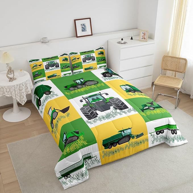 Boys Cartoon Truck Car Down Comforter King Size Kids Construction Vehicles Tractor Comforter Set for Kids Children Farm Excavator Bedding Set Construction Site Cars Duvet Set, Green Yellow
