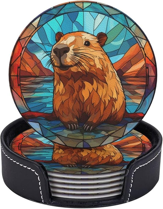 Capybara Drink Coaster Set of 6 With Holder - Leather Coasters for Table/Drinks/Coffee Protection - Housewarming Gift