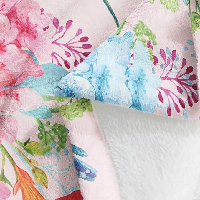 Floral Throw Blanket for Girls Women Colorful Birds Soft Fuzzy Flannel Bed Blanket for Adults Plush Watercolor Flowers Christmas Birthday Gifts,50x60”
