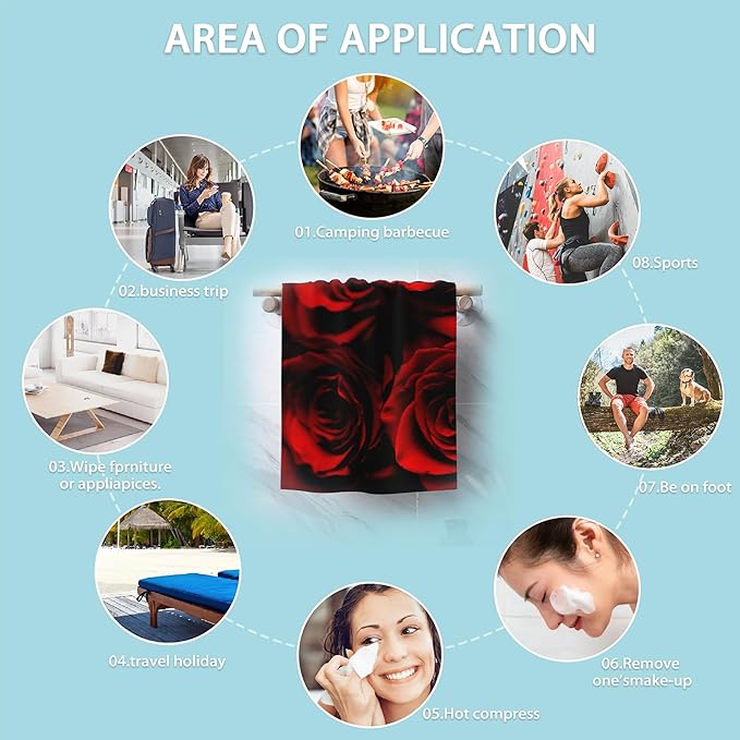 Rose Hand Towels Set, Abstract Red Rose & Black Leaves Polyester Cotton Soft Bath & Kitchen Towels 14x28