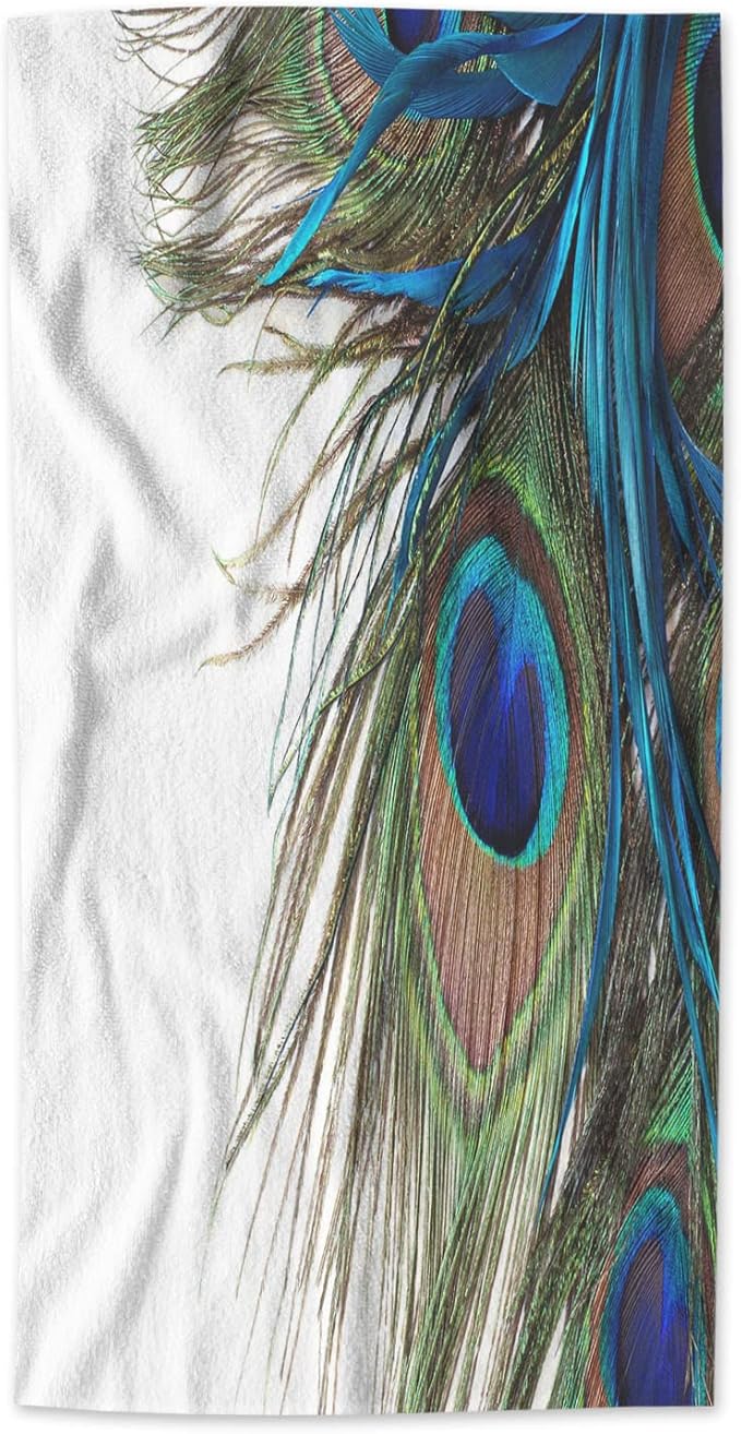 AOYEGO Green Blue Peacock Feather Bath Towel Exotic Peacock Feathers Bird Beach Bath Towels Soft Microfiber Yoga/Golf/Swim/Hair/Face Towels 15x30 Inch