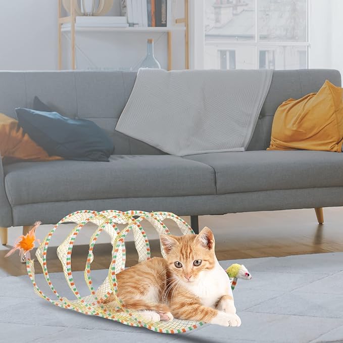 2pcs, Folded Cat Tunnel Spring, 10in Large Size Portable Cat Toy Spiral Tunnel, with Synthetic Feather and Toy Mouse Tunnel Spring Outdoor Puppy Kitten Generic (Striped Yellow, Purple)