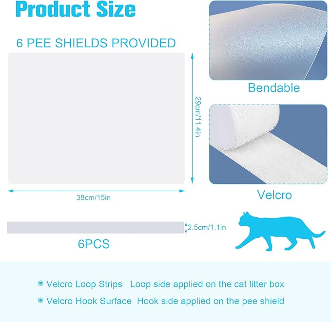 6 Pcs Cat Litter Box Splash Guard Pee Shields - Anti-Splashing Reusable High Sided Litter Box High Wall Cat Toilet Training Kit for Open Top Litter Pan (Litter Box Not Included)