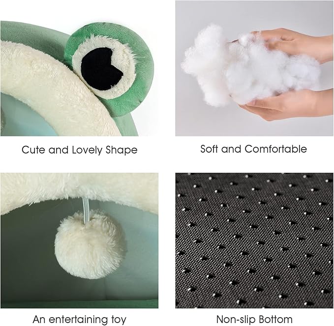 Jiupety Cute Cat Bed, Indoor Lovely Crystal Velvet Igloo for Cat and Small Dog, Warm Cave Sleeping Nest Bed for Puppy and Kitten, Green Frog, M.