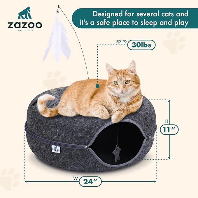 ZAZOO Peekaboo CAT CAVE, Large Size CAT Tunnel with Feather Stick and Playing Holes, Comfy CAT Donut, SCREATCH Resistance & Washable CAT Bed CAVE for Large & MULTIPALE Cats UP to 30LBS.