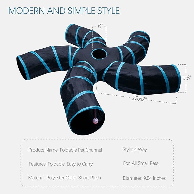 EGETOTA Cat Tunnel for Indoor Cats Large, with Play Ball S-Shape 5 Way Collapsible Interactive Peek Hole Pet Tube Toys, Puppy, Kitty, Kitten, Rabbit (Blue & Black)