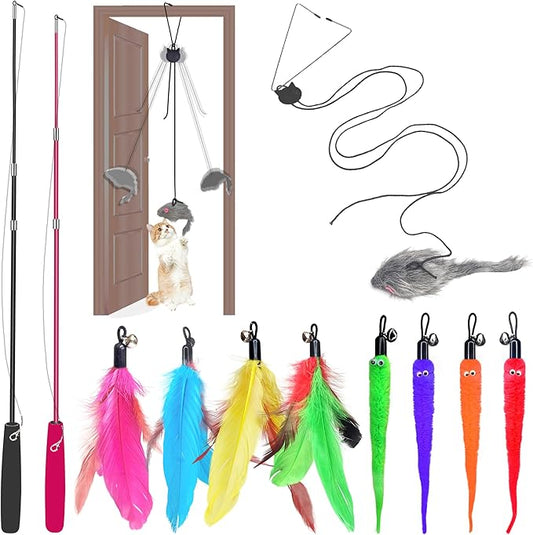 Interactive Cat Toys Set Teaser Feather Wand, Hanging Door Toy & Multiple Attachments - Telescopic Cat Fishing Pole Toy for Kitten