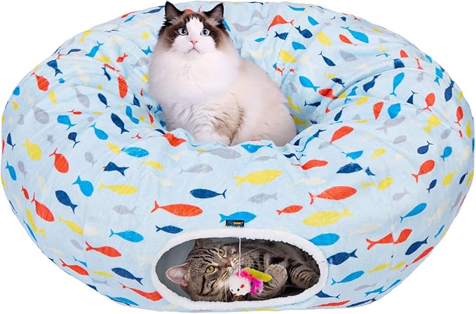 Ownpets Large Cat Tunnel Bed for Indoor Cats, Soft Plush Cat Donut Tunnel with Washable Cushion, Cute Peekaboo Cat Cave for Cat, Puppy, Rabbit, Blue