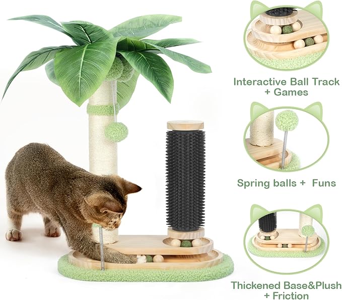 Cat Scratching Post, 29" Tall Cat Scratcher Post with Cat Self Groomer, Dangling Plush Balls, 5-in-1 Interactive Trackball Cat Toys for Indoor Cats with 2 Layer Tracks 6 Spinning Balls Sisal Cat Tree