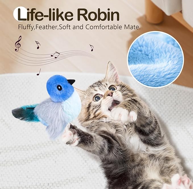 Migipaws Cat Toys,Interactive Lifelike Robin Flying Flapping Bird with Catnip, Feathers Hanging by Elastic String, Automatic Chirping Kitten Toys for Indoor Cats Self Play, Rechargeable(Blue)