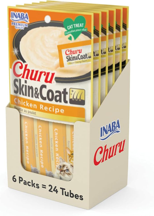 INABA Churu Lickable Purée Natural Cat Treats for Skin and Coat with Omega Oils, Taurine and Vitamin E, 0.5 Ounces Each, 24 Tubes (Four Per Package), Chicken Recipe