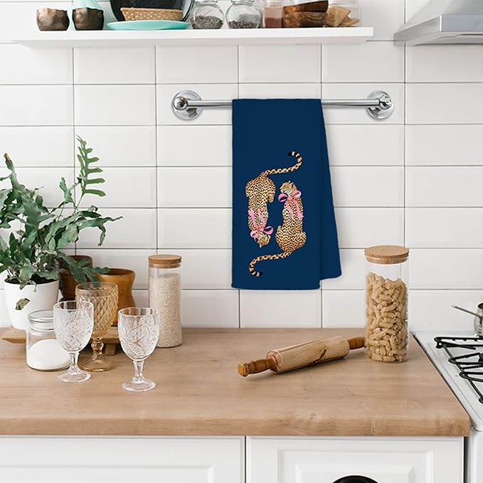 Coquette Pink Bow Two Cheetah Kitchen Towels, Navy Blue Leopard Hand Towels for Bathroom Kitchen, Trendy Preppy Leopard Decorative Dish Towels Drying Cloth, 16x24 Inch